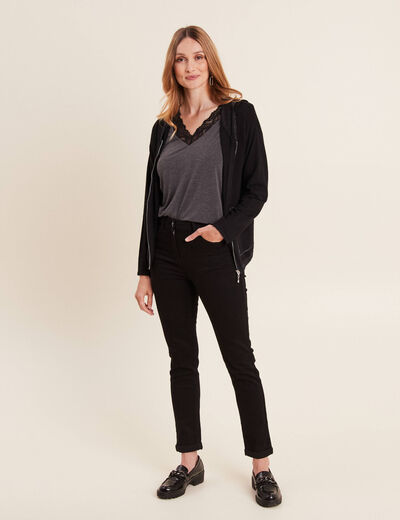 Gilet manches longues à capuche noir femme