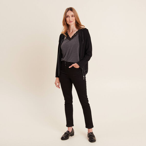 Gilet manches longues à capuche noir femme
