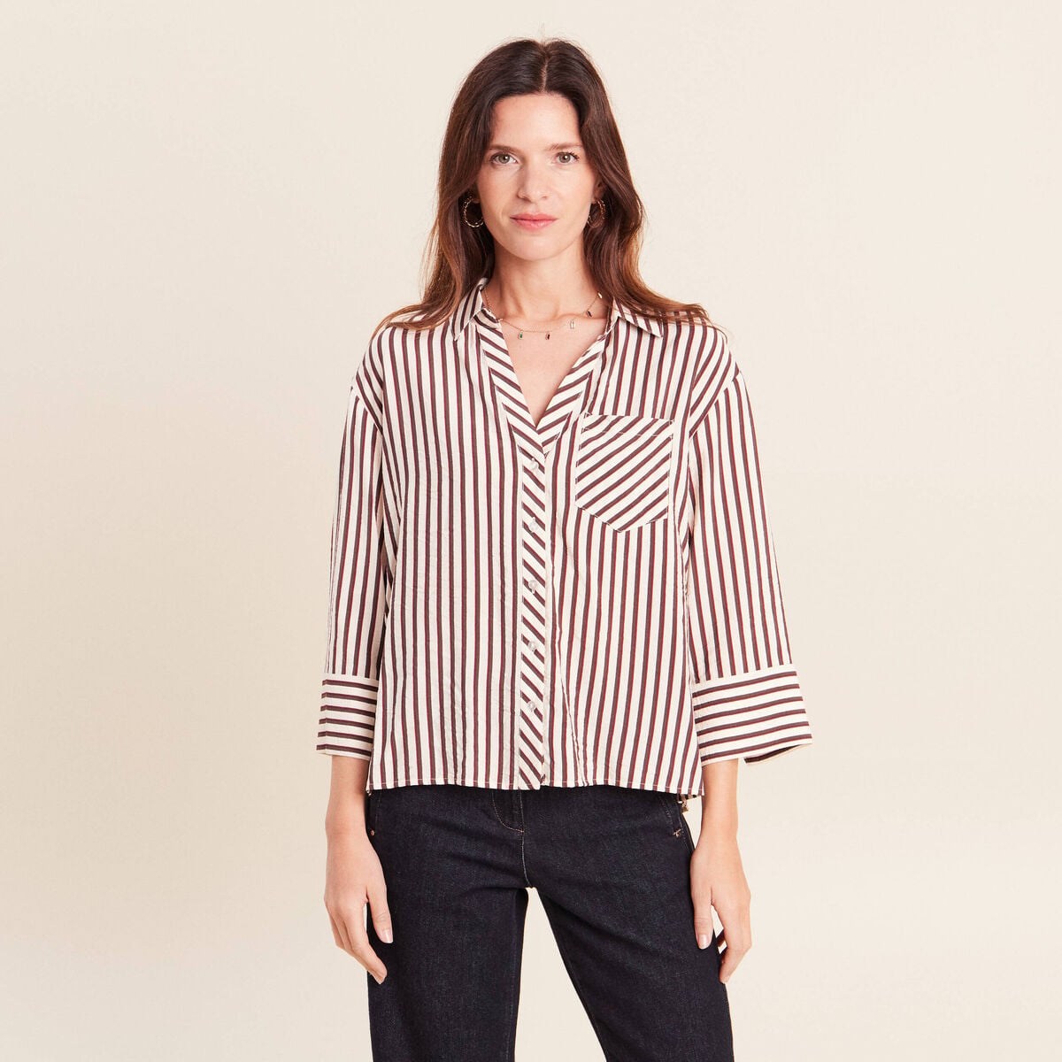Chemise ample manches 3/4 marron femme