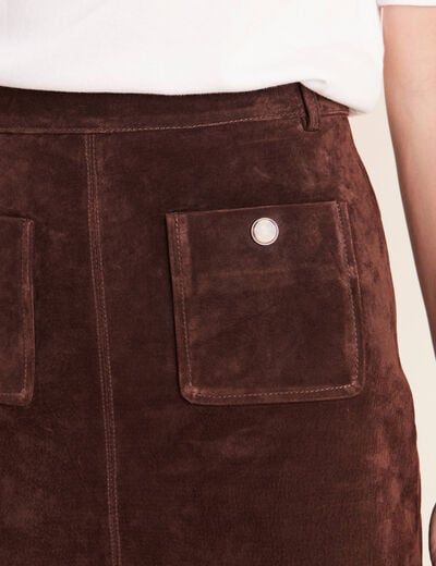 Jupe trap&egrave;ze courte en similicuir marron fonc&eacute; femme
