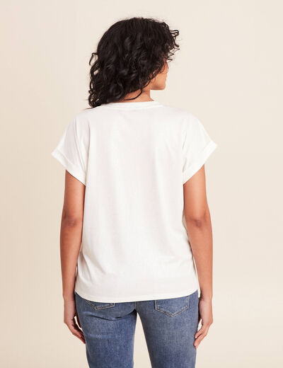 T-shirt col v manches courtes brillant ecru femme