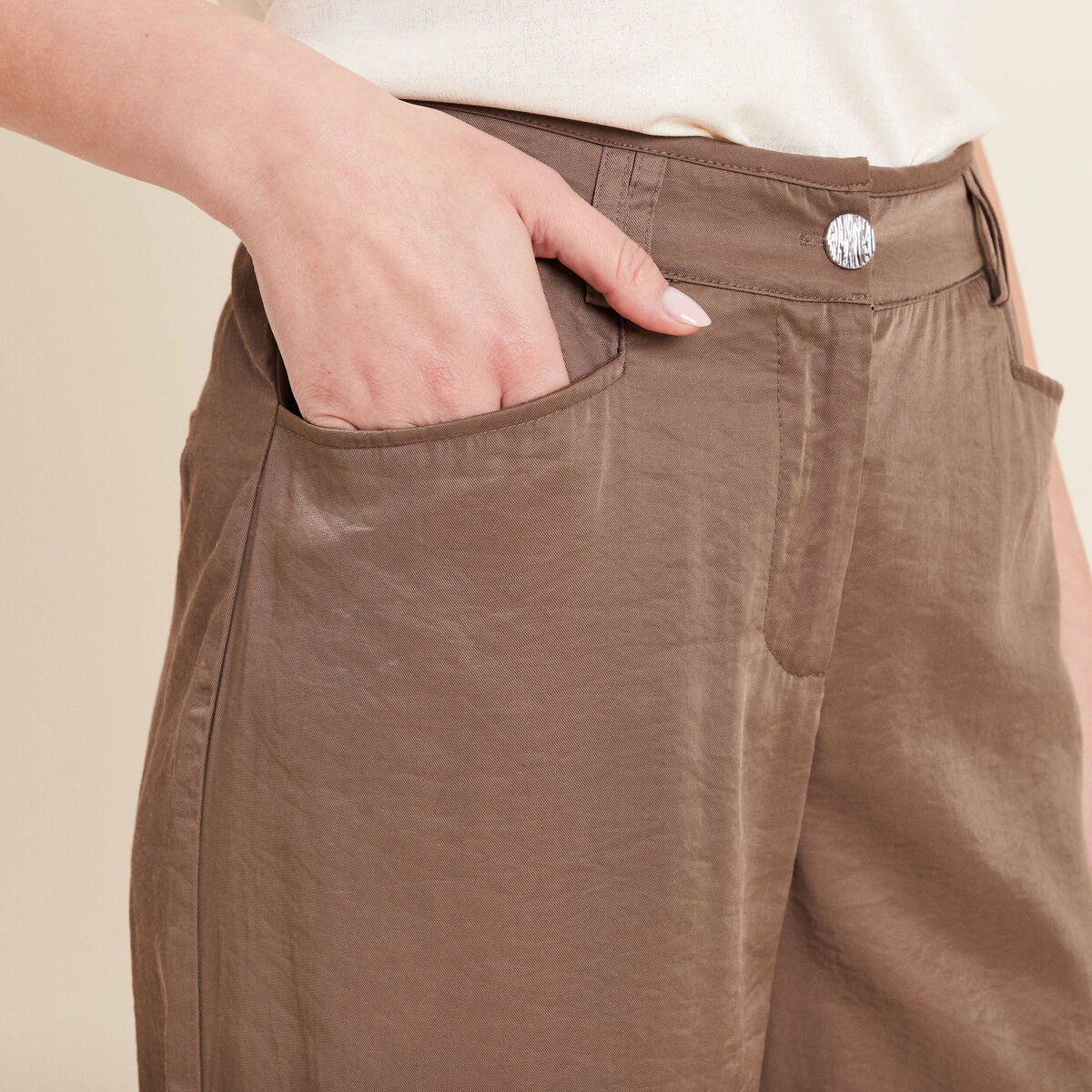 Pantalon large taille haute taupe femme