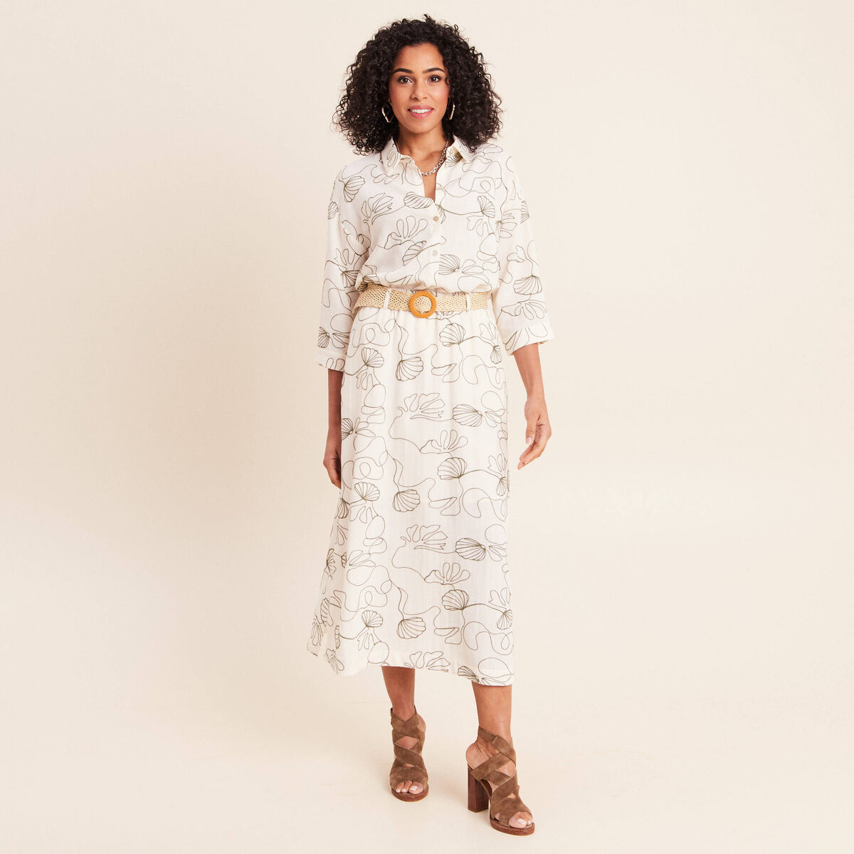 Chemise broderie col chemise manches 3/4 vert femme