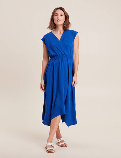 Robe évasée taille smockée bleu electrique femme
