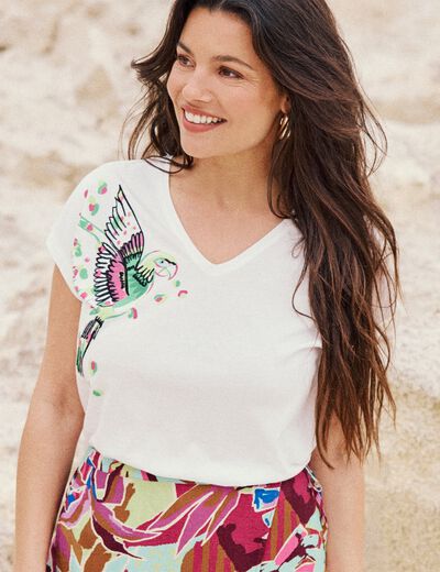 T-shirt col V manches courtes ecru femme