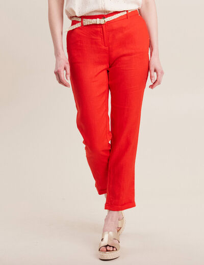 Pantalon coupe chino en lin ceintur&eacute; orange femme