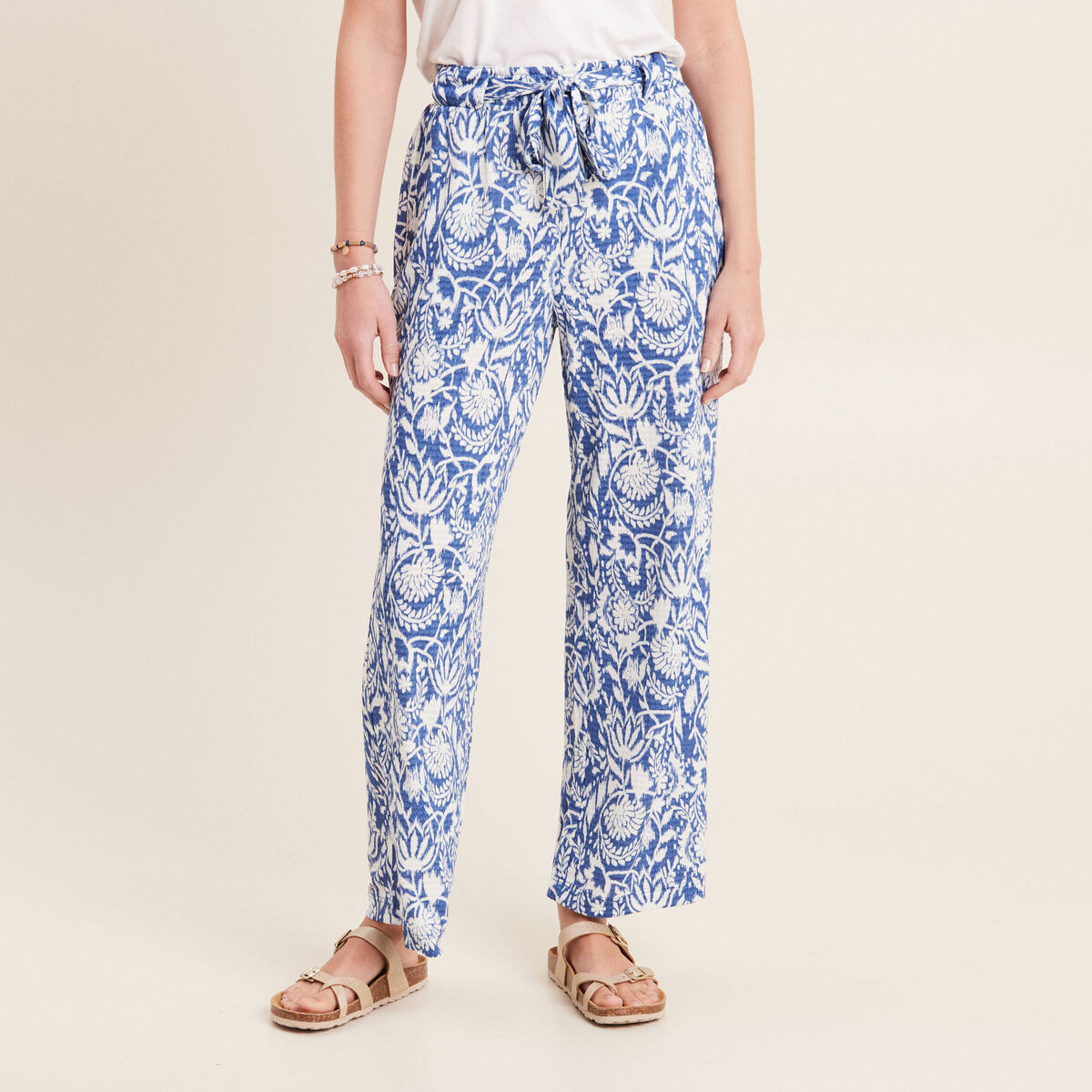 Pantalon ample taille haute bleu femme
