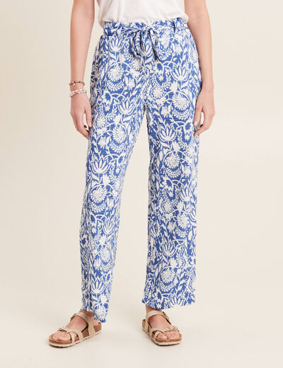 Pantalon ample taille haute bleu femme