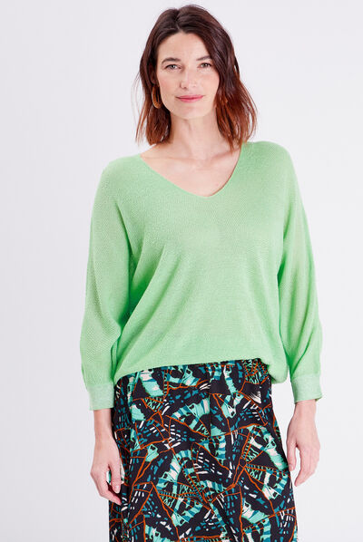 Pull manches longues col en V vert fluo femme