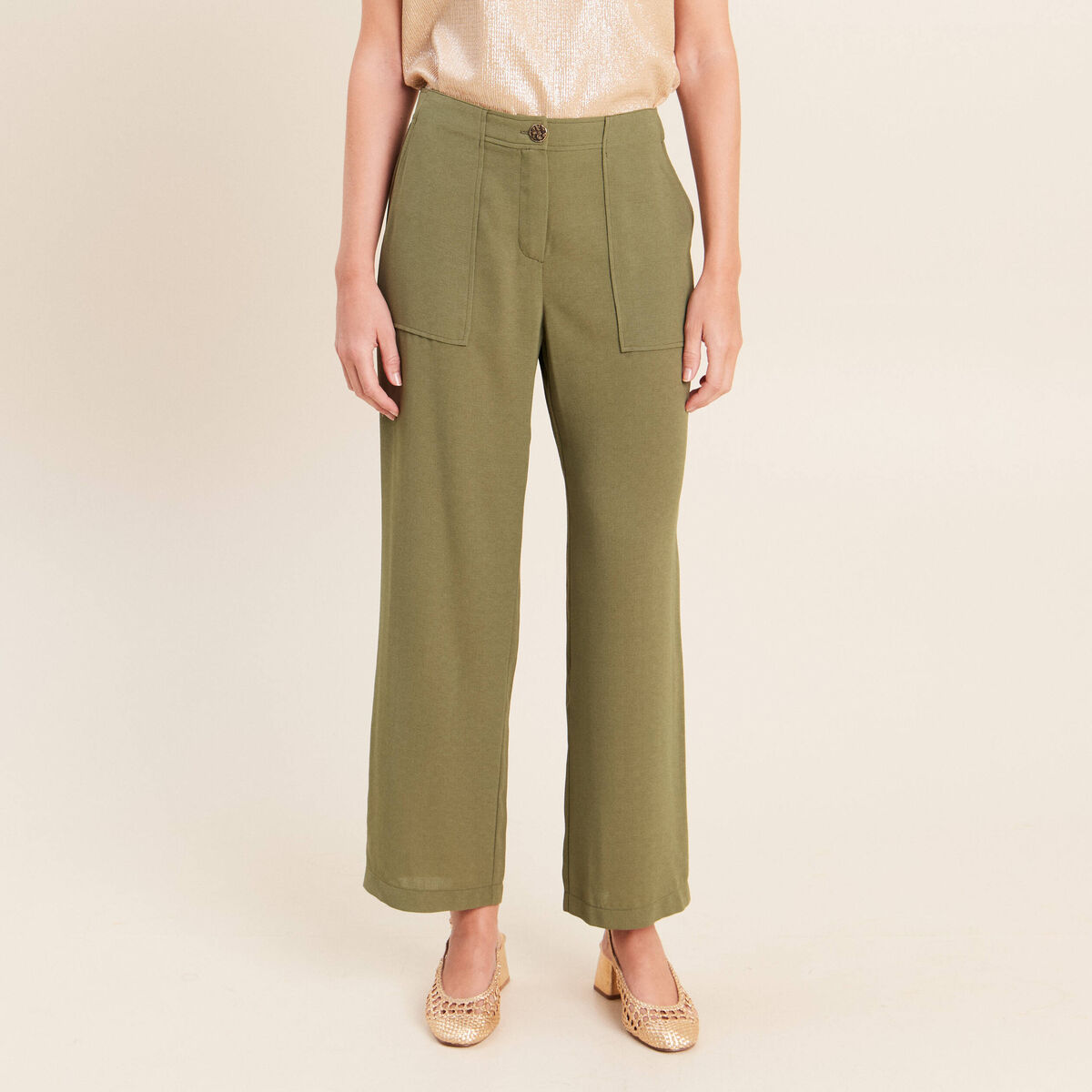 Pantalon large 7/8&egrave;me taille haute vert kaki femme
