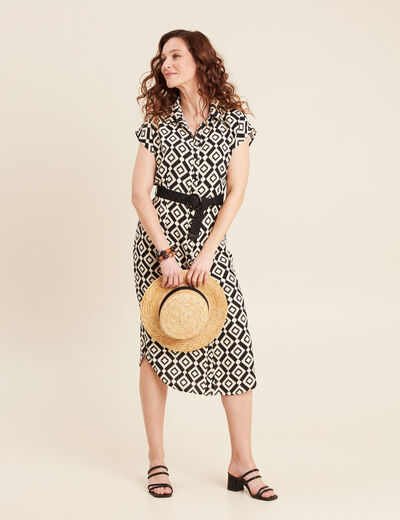 Robe longue droite ceinturée noir femme
