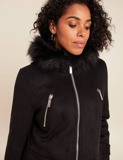 Manteau cintr&eacute; mi-long &agrave; capuche noir femme