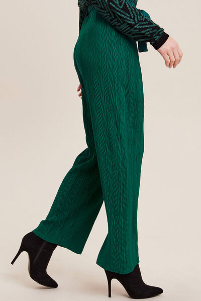 Pantalon large ceinturé vert femme