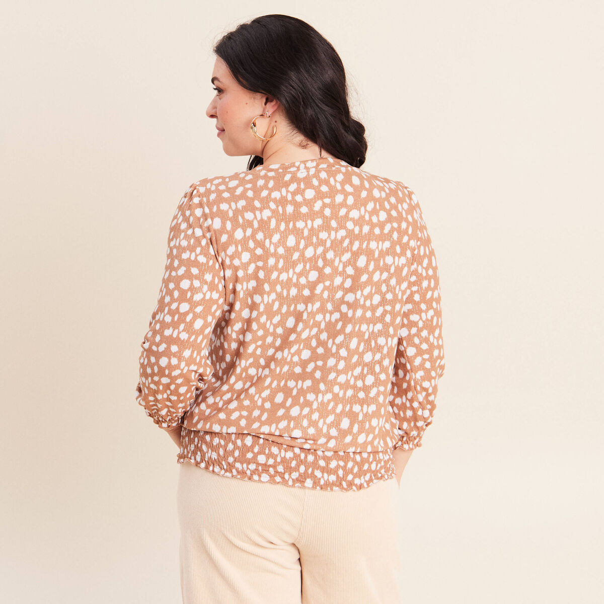T-shirt col rond manches 3/4 marron femme