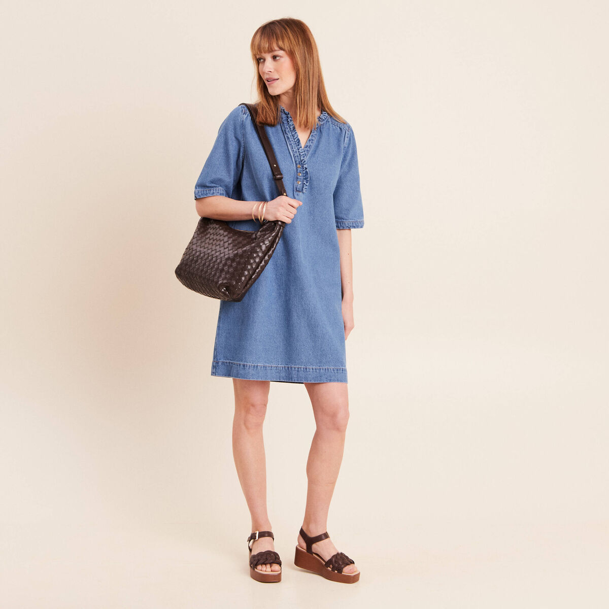 Robe courte &eacute;vas&eacute;e jean col montant denim double stone femme