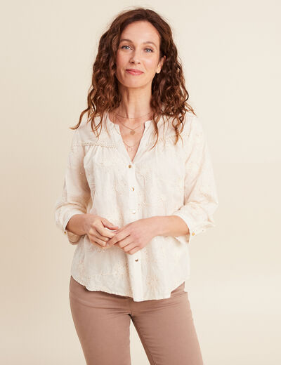 Blouse col tunisien manches 3/4 ecru femme