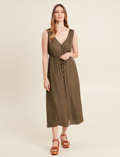 Robe midi évasée satin vert kaki femme