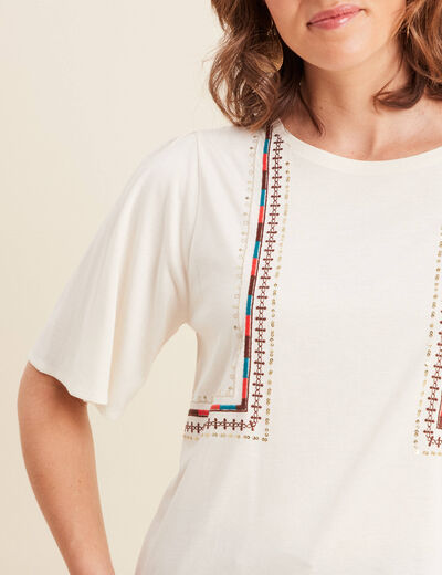 T-shirt manches courtes brodé ecru femme