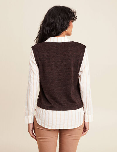 Pull effet 2-en-1 chemise marron fonc&eacute; femme