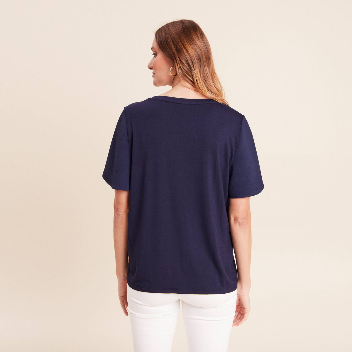 T-shirt bi-mati&egrave;re manches courtes bleu marine femme