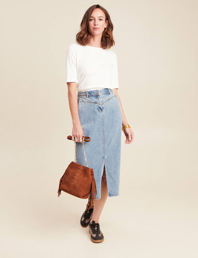 Jupe longue droite taille haute en jean denim double stone femme