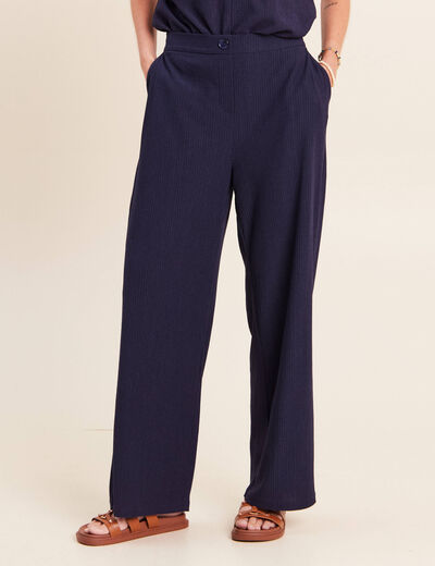 Pantalon large taille haute fluide bleu marine femme