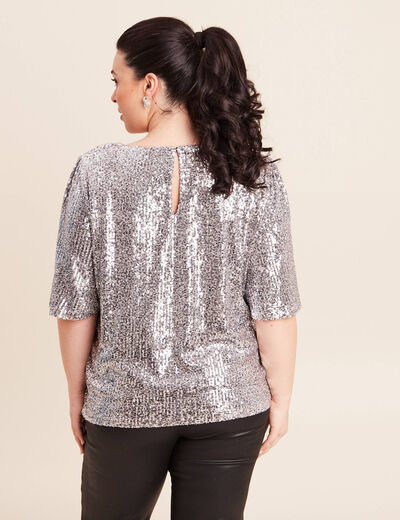 T-shirt &agrave; sequins manches coudes gris argent femme