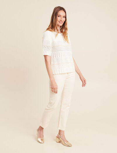 Pull ajouré manches courtes ecru femme