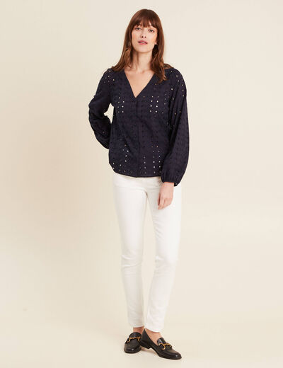 Chemise manches 3/4 brodée bleu foncé femme