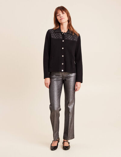 Gilet col rond manches longues strass noir femme