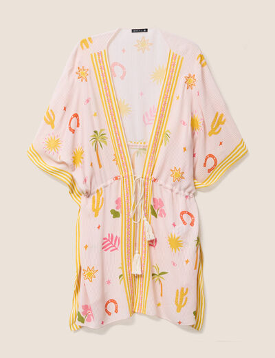 Kimono col v manches courtes brod&eacute; multicolore femme