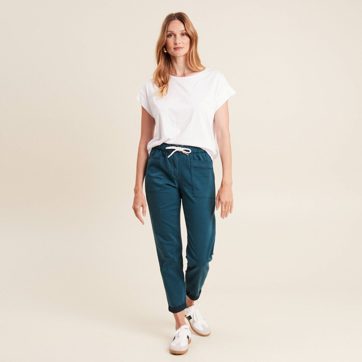 Pantalon coupe droite à coulisse bleu canard femme