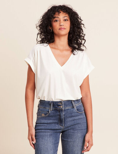 T-shirt col v manches courtes brillant ecru femme