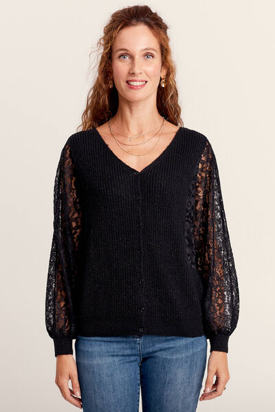 Gilet manches longues dentelle noir femme