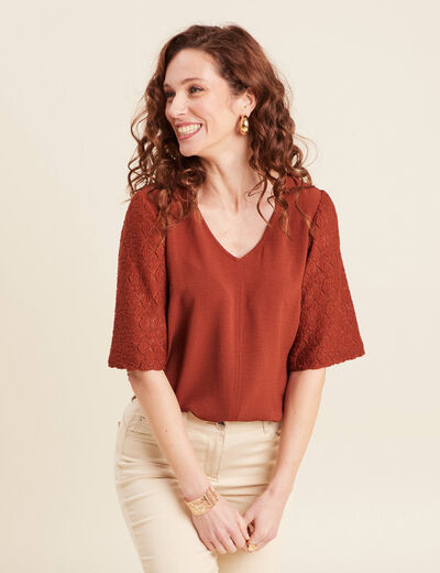 Blouse manches 3/4 marron foncé femme