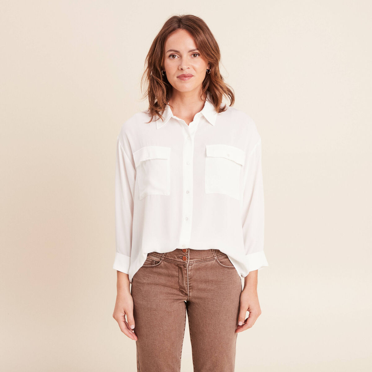 Chemise ample col chemise manches 3/4 ecru femme