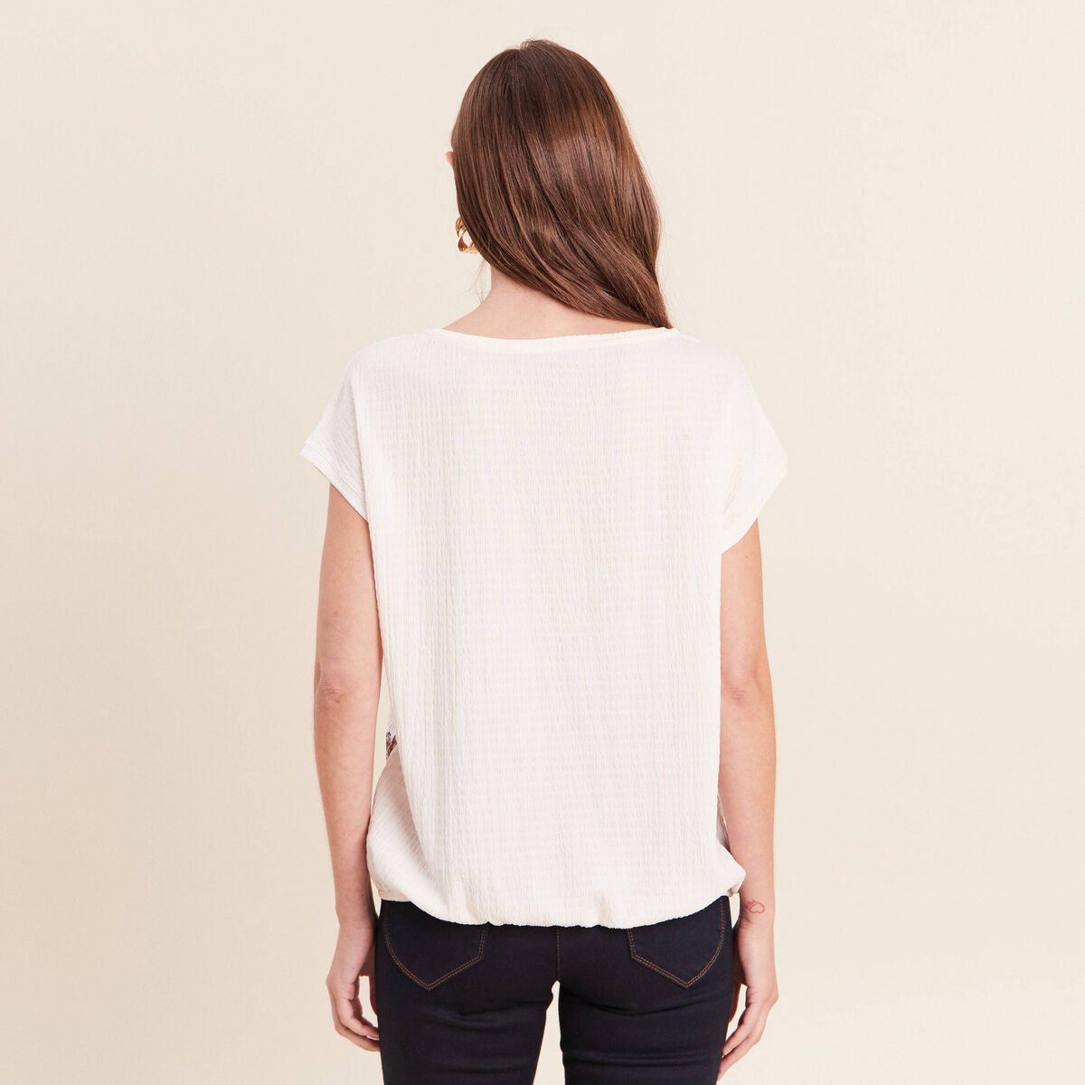 Blouse pliss&eacute;e col rond manches courtes ecru femme