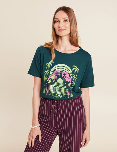 T-shirt droit col rond manches courtes vert foncé femme