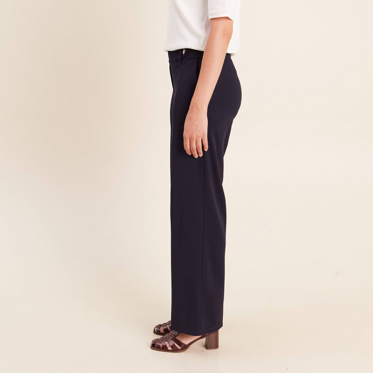 Pantalon taille haute bleu fonc&eacute; femme