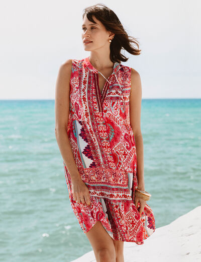 Robe courte &eacute;vas&eacute;e col tunisien rose femme