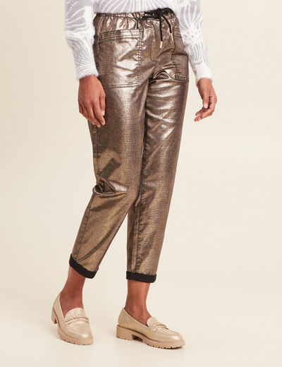 Pantalon paperbag enduit gris femme