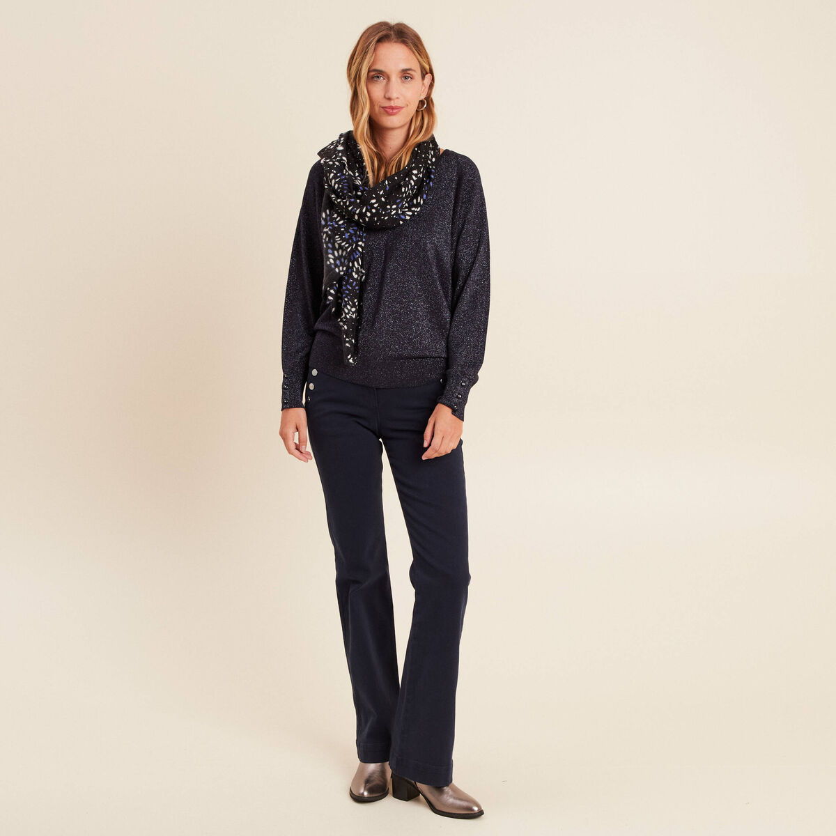 Pull manches longues bleu fonc&eacute; femme