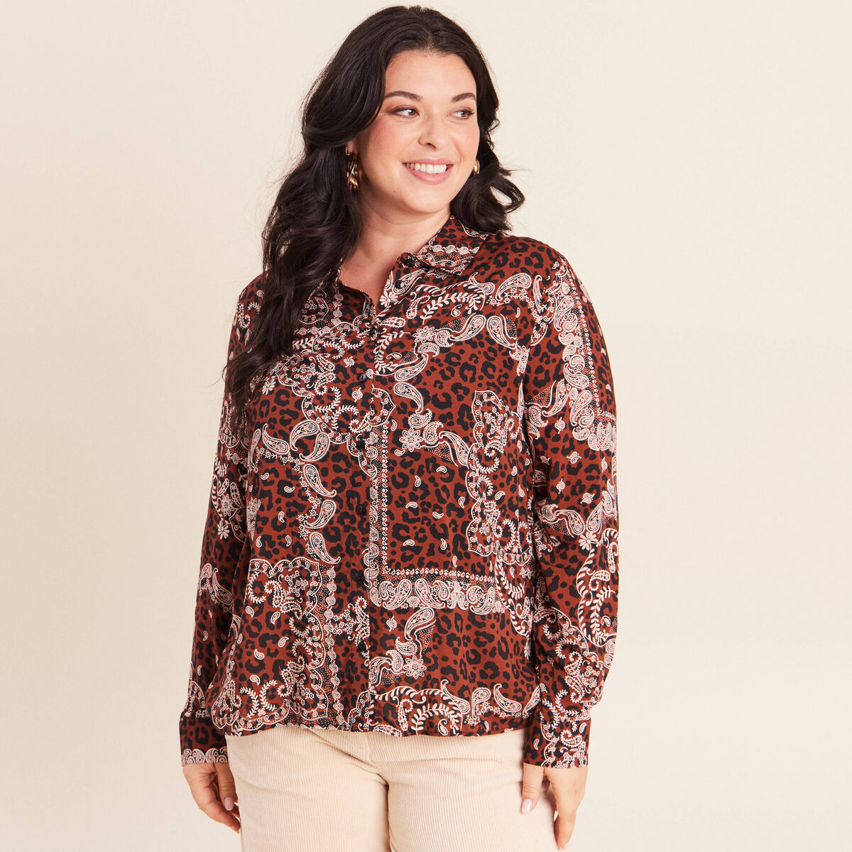 Chemise fluide manches longues marron femme