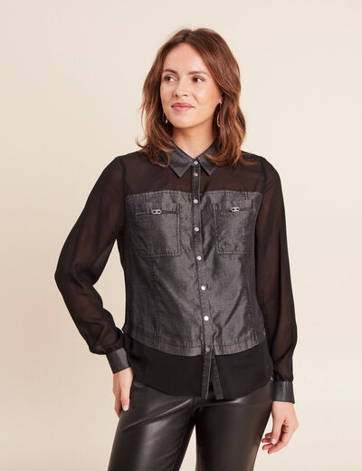 Chemise bi-mati&egrave;re manches longues denim gris femme