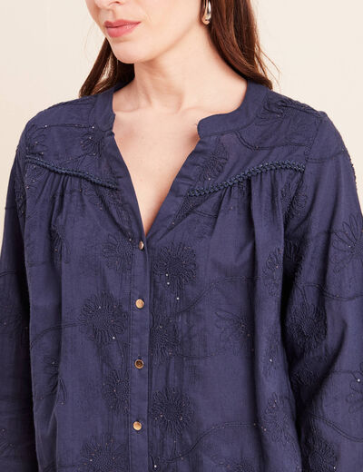 Blouse col tunisien manches 3/4 bleu marine femme
