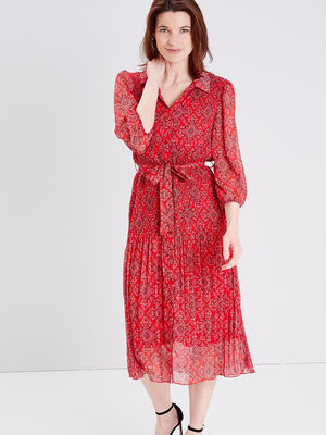 Robe midi droite plissee rouge femme