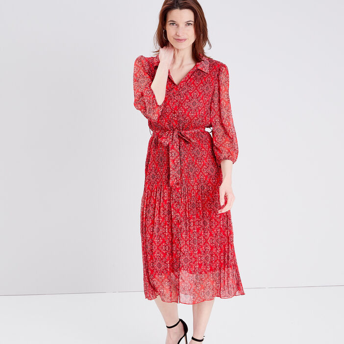 Robe midi droite plissée rouge femme