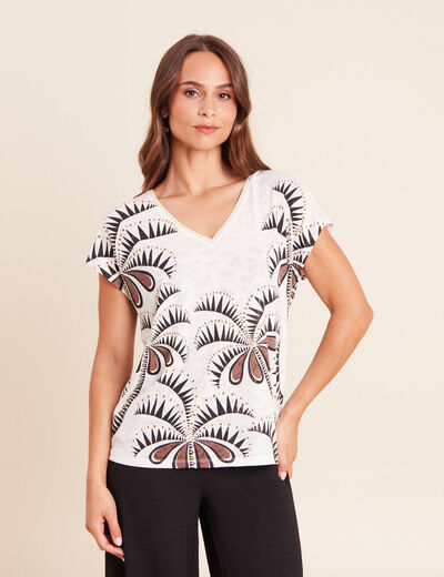 T-shirt col v manches courtes ecru femme
