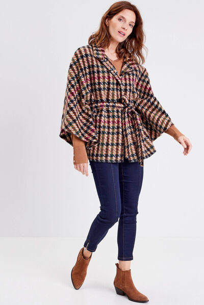 Poncho boutonné ceinturé ecru femme