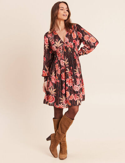 Robe courte &eacute;vas&eacute;e col v manches longues marron femme